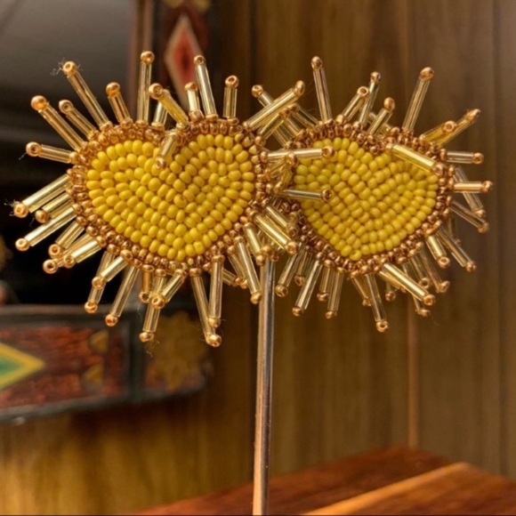 Felt Back Seed Beaded Heart Earrings in Yellow - Picture 2 of 6